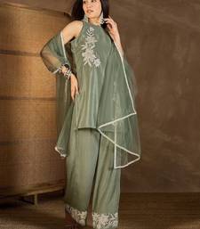 Wome's light olive silk blend straight kurti palazzo set with dupatta