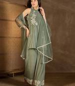 Wome's light olive silk blend straight kurti palazzo set with dupatta