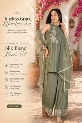 Wome's light olive silk blend straight kurti palazzo set with dupatta 2