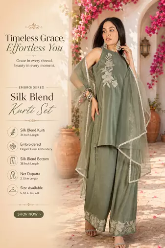 Wome's light olive silk blend straight kurti palazzo set with dupatta