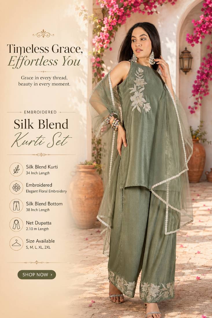 Wome's light olive silk blend straight kurti palazzo set with dupatta