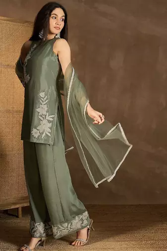 Wome's light olive silk blend straight kurti palazzo set with dupatta