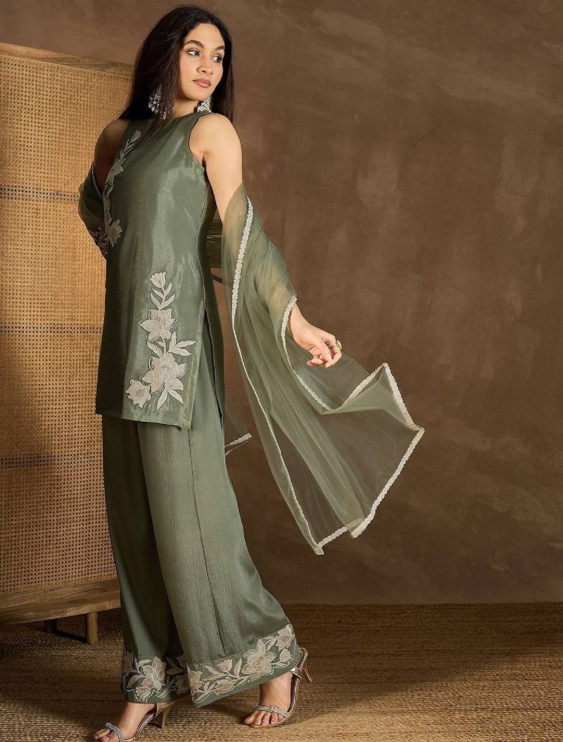 Wome's light olive silk blend straight kurti palazzo set with dupatta