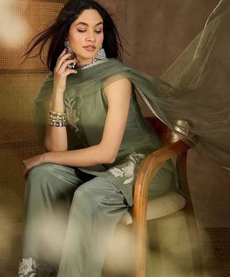 Wome's light olive silk blend straight kurti palazzo set with dupatta 5
