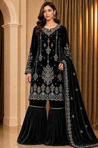 Black velvet semi stitched suit with embroidery & sequence work