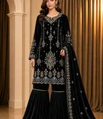 Black velvet semi stitched suit with embroidery & sequence work