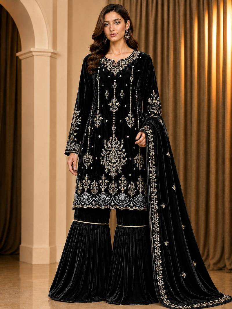 Black velvet semi stitched suit with embroidery & sequence work