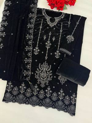 Black velvet semi stitched suit with embroidery & sequence work 2