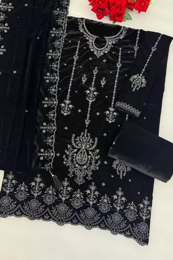 Black velvet semi stitched suit with embroidery & Sequin work
