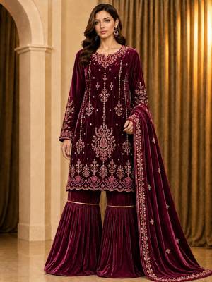 Maroon velvet semi stitched suit with embroidery & sequence work 1
