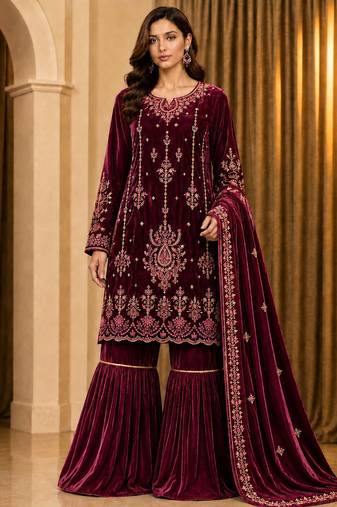 Maroon velvet semi stitched suit with embroidery & sequence work