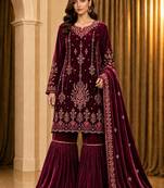 Maroon velvet semi stitched suit with embroidery & sequence work