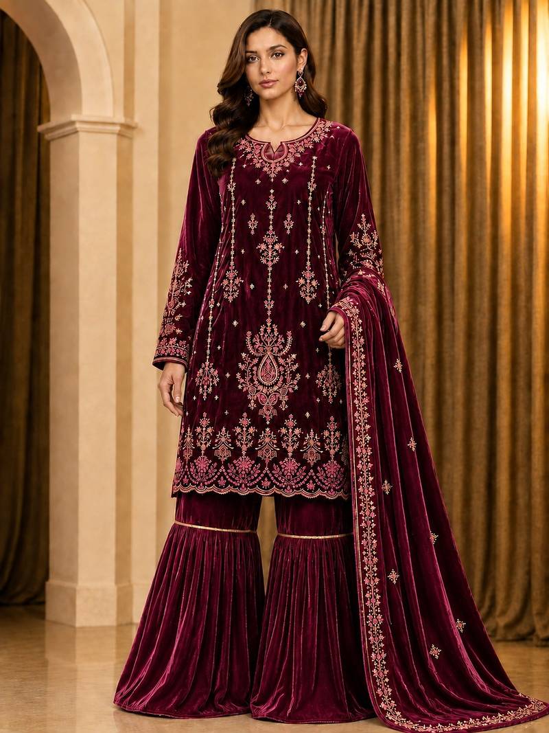 Maroon velvet semi stitched suit with embroidery & sequence work