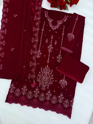 Maroon velvet semi stitched suit with embroidery & sequence work 2