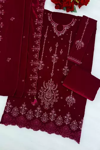 Maroon velvet semi stitched suit with embroidery & Sequin work