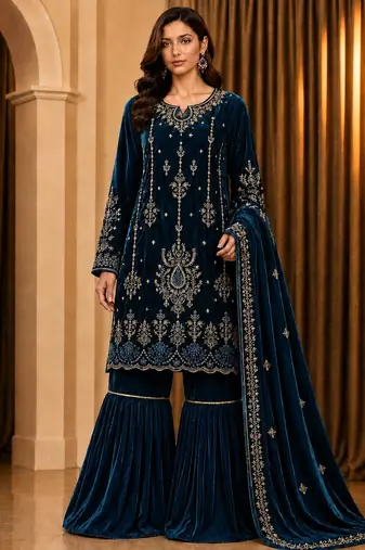 Teal velvet semi stitched suit with embroidery & Sequin work