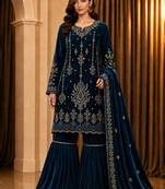 Teal velvet semi stitched suit with embroidery & sequence work