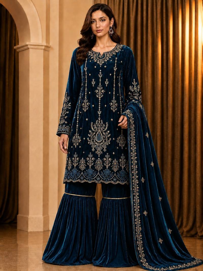 Teal velvet semi stitched suit with embroidery & sequence work