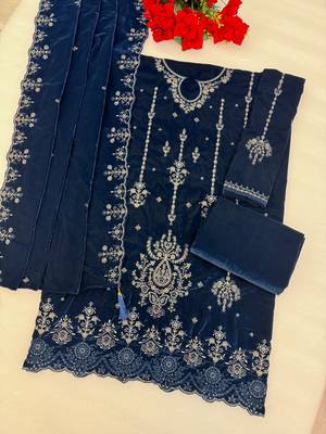 Teal velvet semi stitched suit with embroidery & sequence work 2
