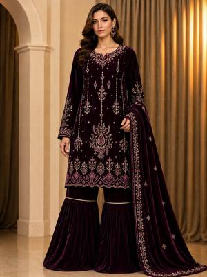 Wine velvet semi stitched suit with embroidery & sequence work 1