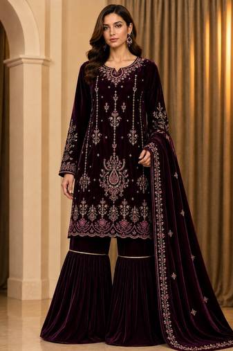 Wine velvet semi stitched suit with embroidery & sequence work