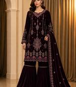 Wine velvet semi stitched suit with embroidery & sequence work