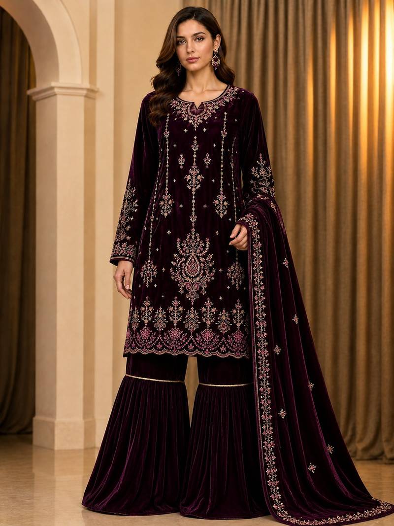 Wine velvet semi stitched suit with embroidery & sequence work