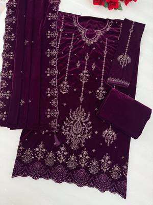 Wine velvet semi stitched suit with embroidery & sequence work 2