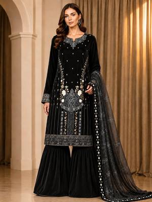 Black velvet semi stitched suit with embroidery & sequence work 1