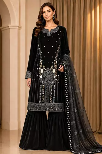 Black velvet semi stitched suit with embroidery & Sequin work