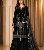 Black velvet semi stitched suit with embroidery & sequence work