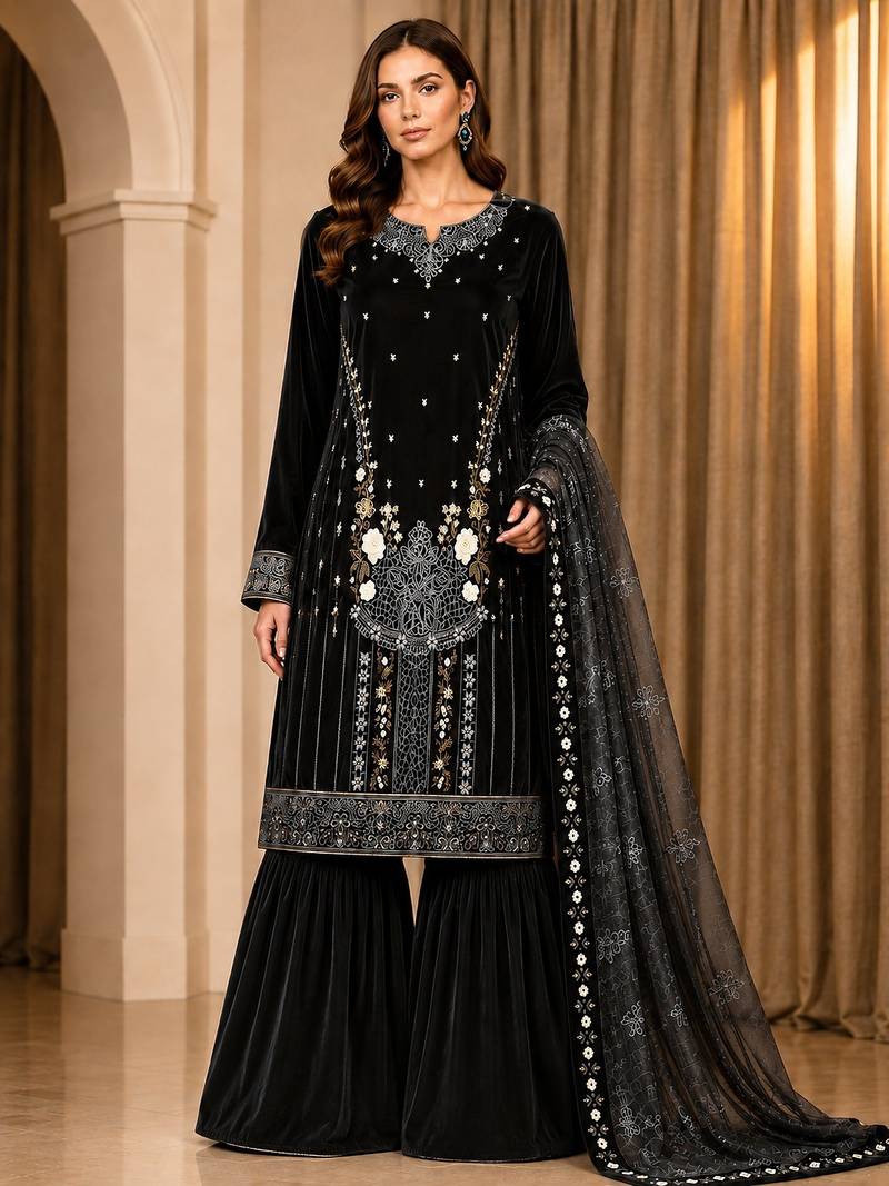 Black velvet semi stitched suit with embroidery & sequence work