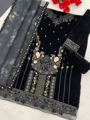 Black velvet semi stitched suit with embroidery & sequence work 2