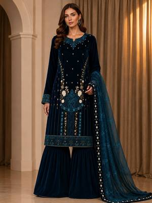 Teal velvet semi stitched suit with embroidery & sequence work 1