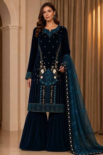 Teal velvet semi stitched suit with embroidery & sequence work