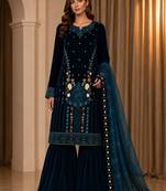 Teal velvet semi stitched suit with embroidery & sequence work