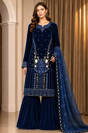 Navy velvet semi stitched suit with embroidery & Sequin work