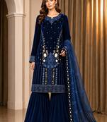 Navy velvet semi stitched suit with embroidery & sequence work