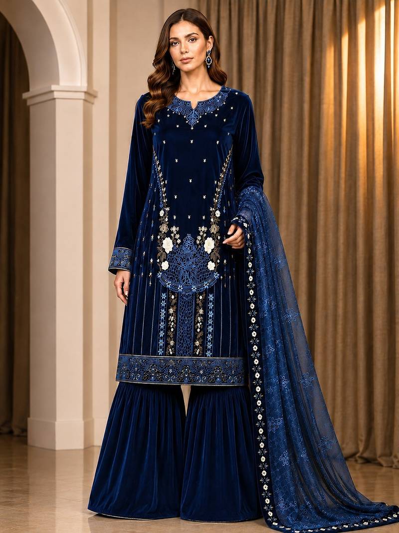 Navy velvet semi stitched suit with embroidery & sequence work