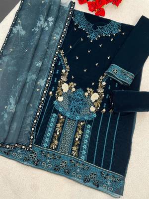 Navy velvet semi stitched suit with embroidery & sequence work 2