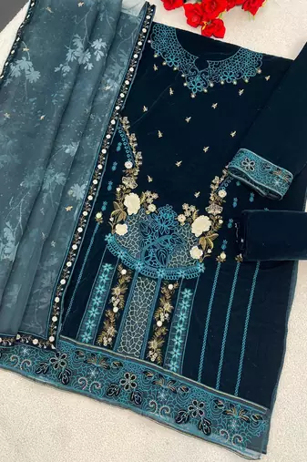 Navy velvet semi stitched suit with embroidery & Sequin work