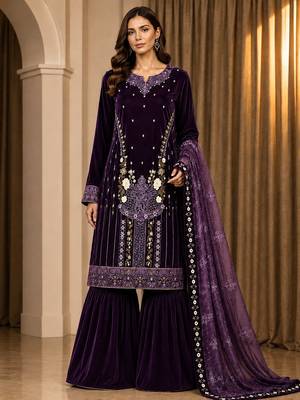 Wine velvet semi stitched suit with embroidery & sequence work 1
