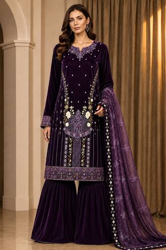 Wine velvet semi stitched suit with embroidery & sequence work