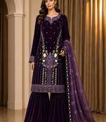 Wine velvet semi stitched suit with embroidery & sequence work