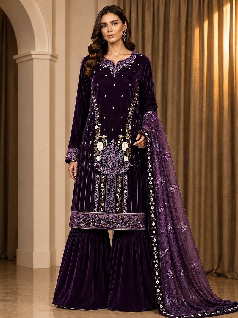 Wine velvet semi stitched suit with embroidery & sequence work