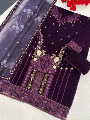 Wine velvet semi stitched suit with embroidery & sequence work 2