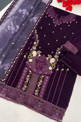 Wine velvet semi stitched suit with embroidery & Sequin work