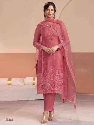 Peach siffon semi stitched suit with embroidery & sequence work 1