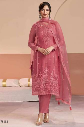 Peach siffon semi stitched suit with embroidery & sequence work