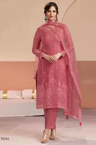 Peach siffon semi stitched suit with embroidery & Sequin work